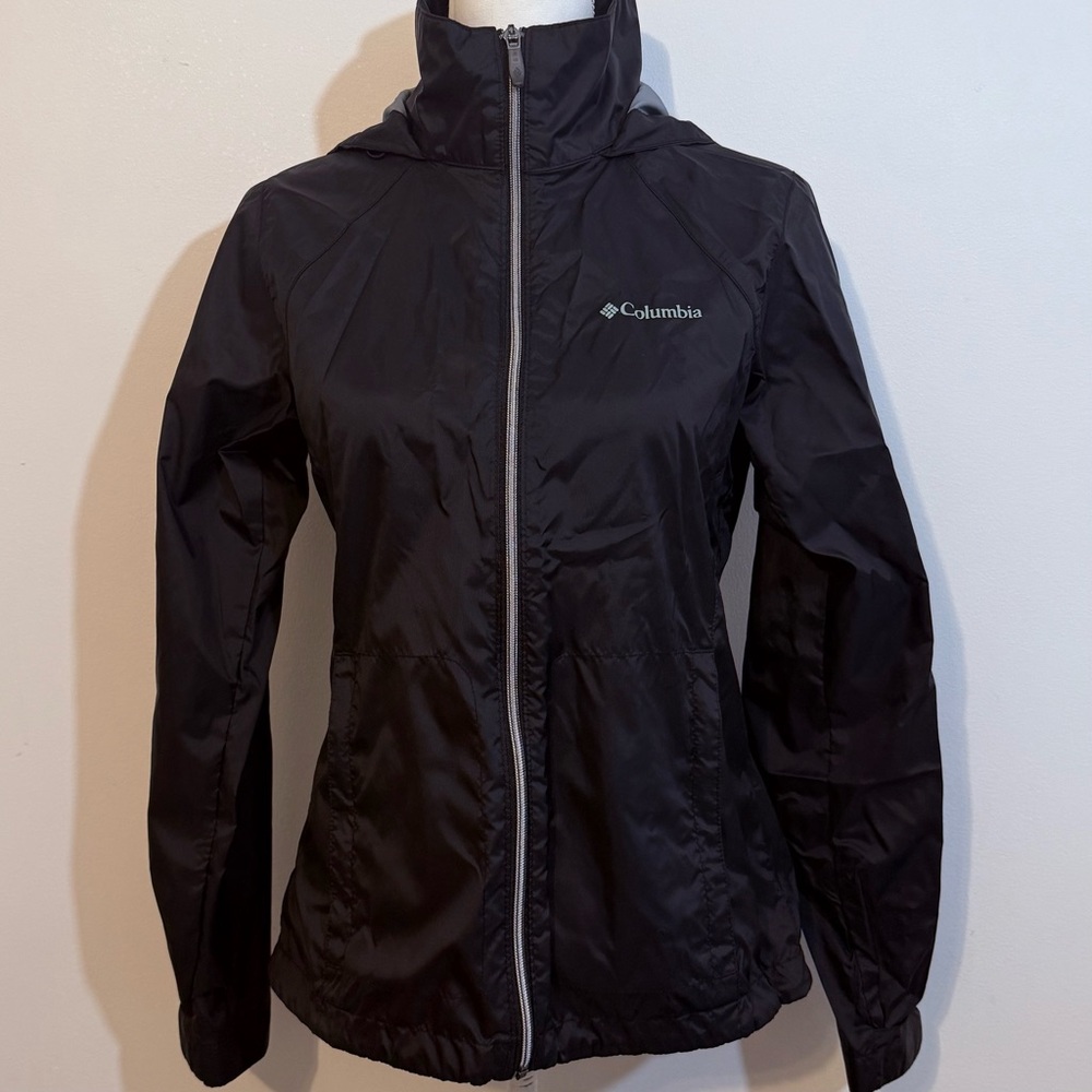 Columbia Women’s Small Black Hooded Windbreaker Jacket Packable Hood Full Zip